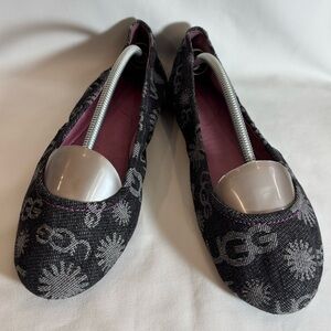 UGG Sz 8 Patterned Black Flats Denim Ballet Flats Purple Lining Rubber Sole